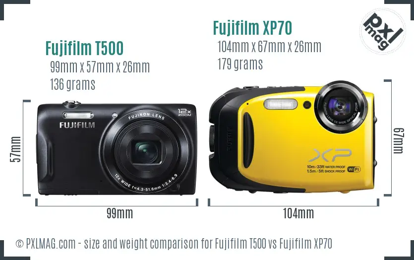 Fujifilm T500 vs Fujifilm XP70 size comparison