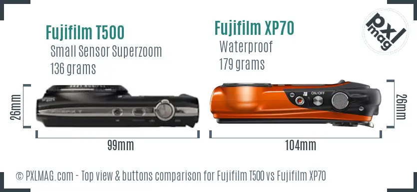 Fujifilm T500 vs Fujifilm XP70 top view buttons comparison