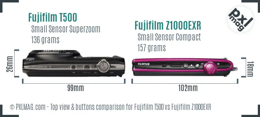 Fujifilm T500 vs Fujifilm Z1000EXR top view buttons comparison