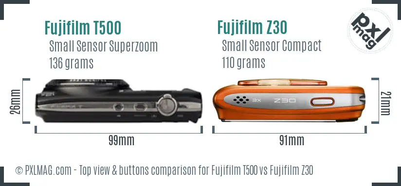Fujifilm T500 vs Fujifilm Z30 top view buttons comparison