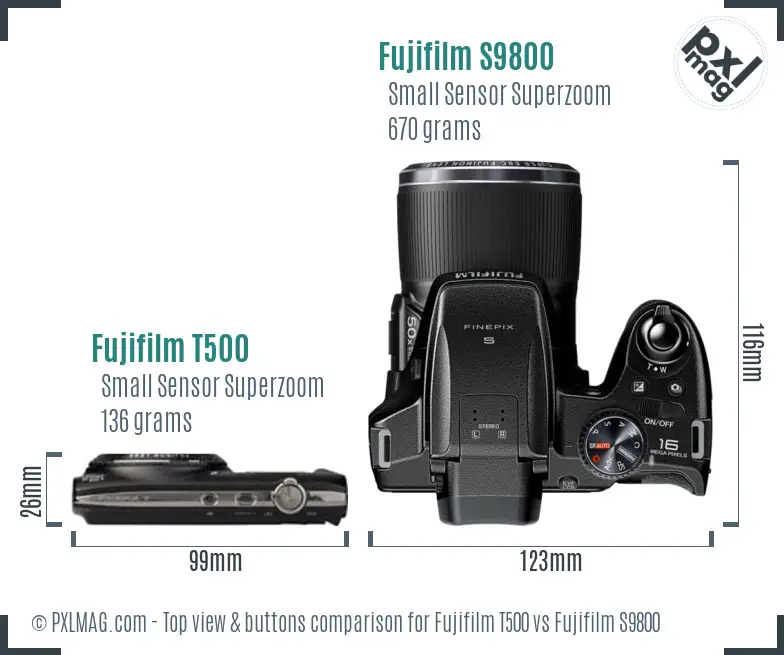 Fujifilm T500 vs Fujifilm S9800 top view buttons comparison