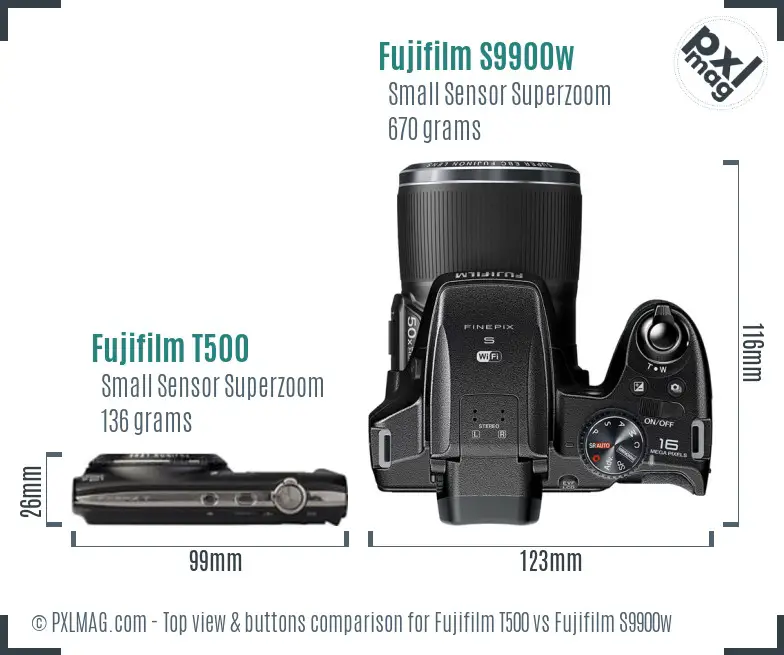 Fujifilm T500 vs Fujifilm S9900w top view buttons comparison
