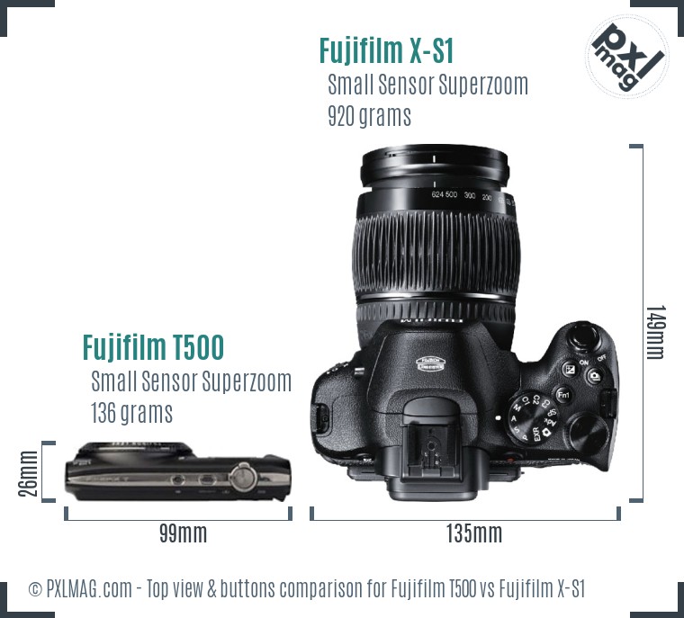 Fujifilm T500 vs Fujifilm X-S1 top view buttons comparison