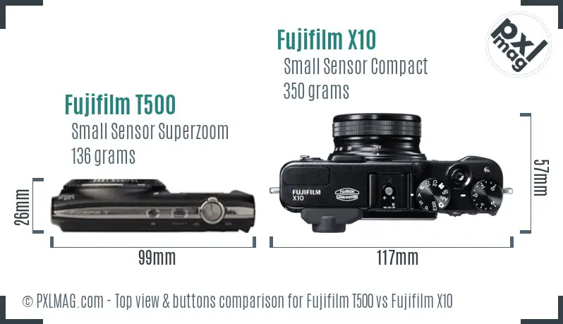 Fujifilm T500 vs Fujifilm X10 top view buttons comparison