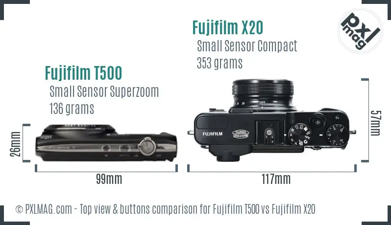 Fujifilm T500 vs Fujifilm X20 top view buttons comparison
