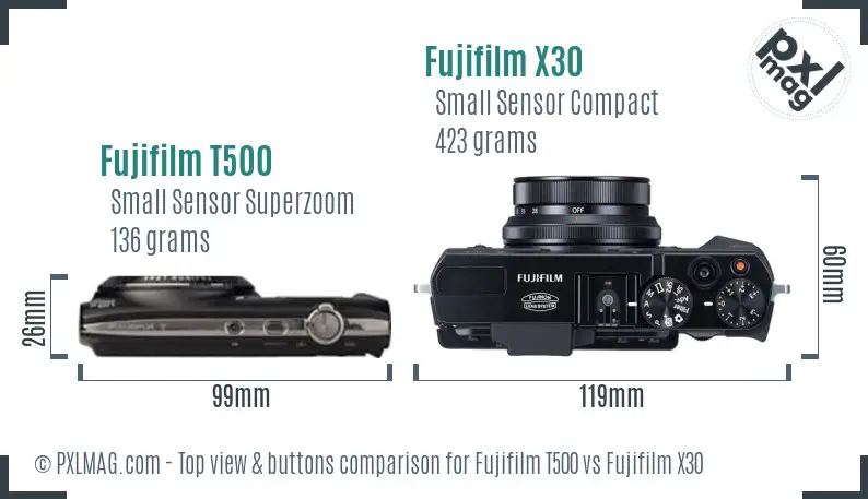 Fujifilm T500 vs Fujifilm X30 top view buttons comparison