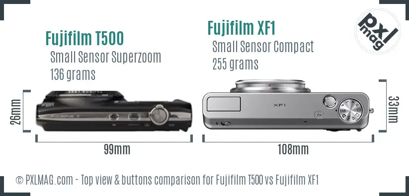 Fujifilm T500 vs Fujifilm XF1 top view buttons comparison