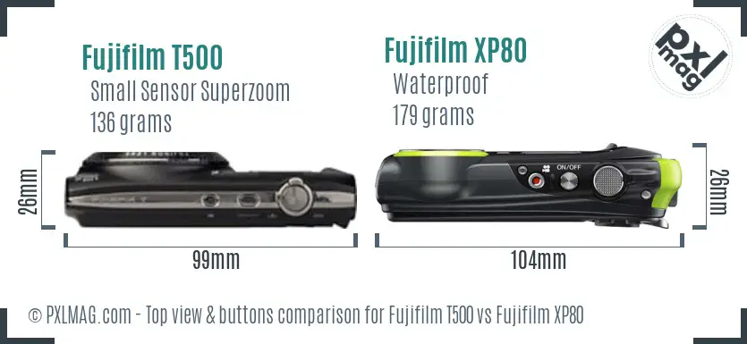 Fujifilm T500 vs Fujifilm XP80 top view buttons comparison