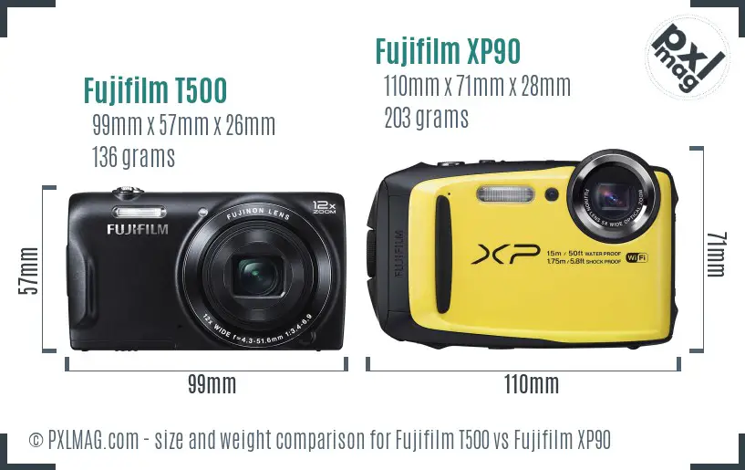 Fujifilm T500 vs Fujifilm XP90 size comparison
