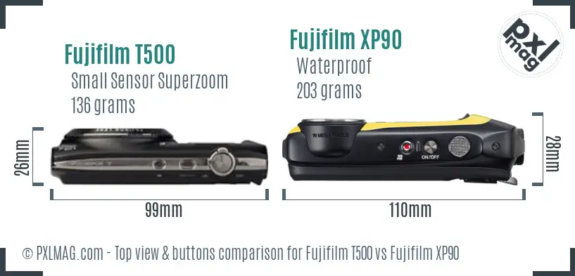 Fujifilm T500 vs Fujifilm XP90 top view buttons comparison