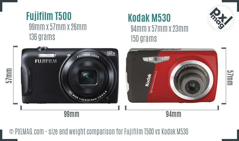 Fujifilm T500 vs Kodak M530 size comparison