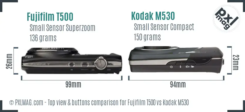Fujifilm T500 vs Kodak M530 top view buttons comparison