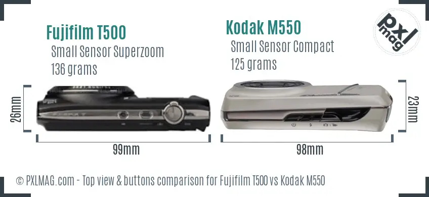 Fujifilm T500 vs Kodak M550 top view buttons comparison