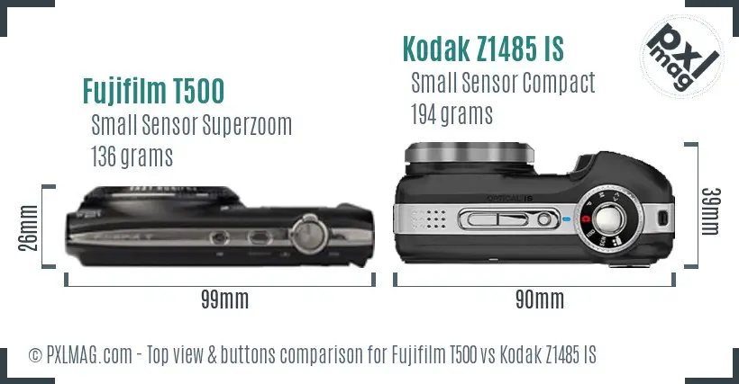 Fujifilm T500 vs Kodak Z1485 IS top view buttons comparison Fujifilm T500 vs Kodak Z1485 IS top view buttons comparison