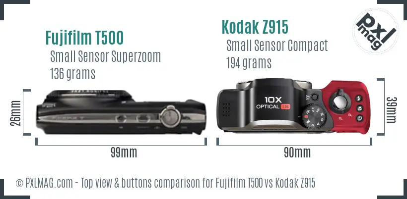 Fujifilm T500 vs Kodak Z915 top view buttons comparison Fujifilm T500 vs Kodak Z915 top view buttons comparison