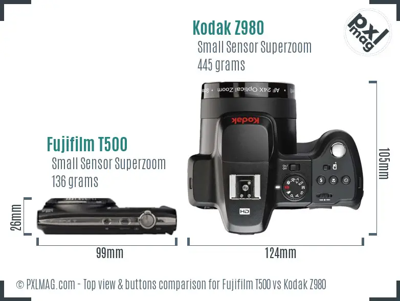 Fujifilm T500 vs Kodak Z980 top view buttons comparison Fujifilm T500 vs Kodak Z980 top view buttons comparison