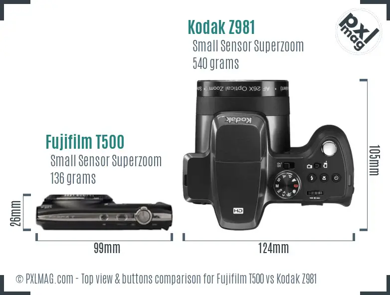 Fujifilm T500 vs Kodak Z981 top view buttons comparison