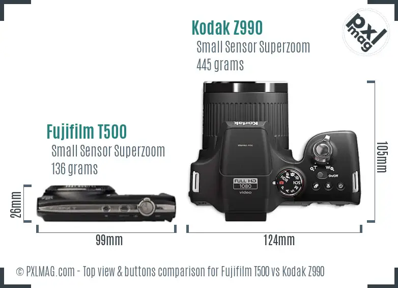 Fujifilm T500 vs Kodak Z990 top view buttons comparison