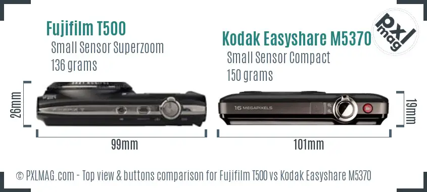 Fujifilm T500 vs Kodak Easyshare M5370 top view buttons comparison