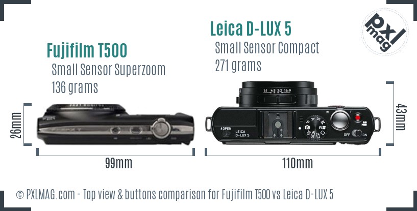 Fujifilm T500 vs Leica D-LUX 5 top view buttons comparison