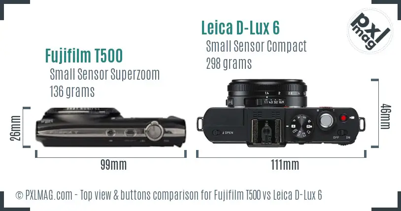 Fujifilm T500 vs Leica D-Lux 6 top view buttons comparison