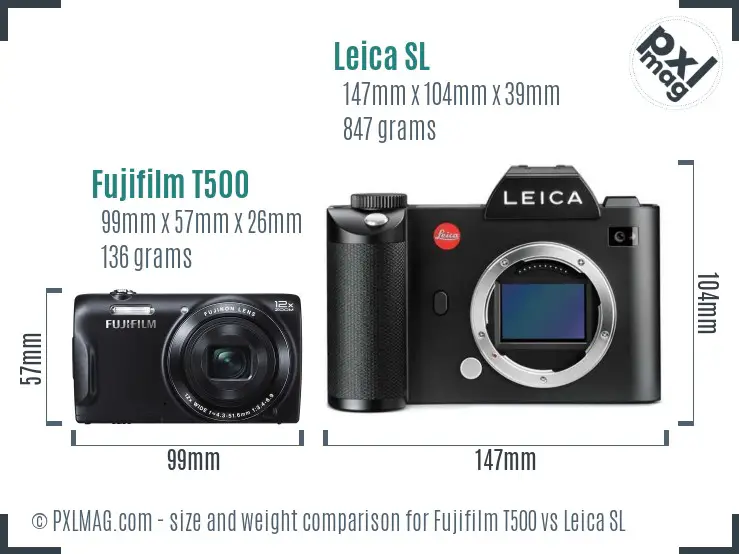 Fujifilm T500 vs Leica SL size comparison