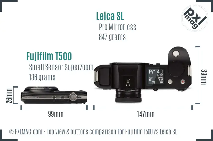 Fujifilm T500 vs Leica SL top view buttons comparison