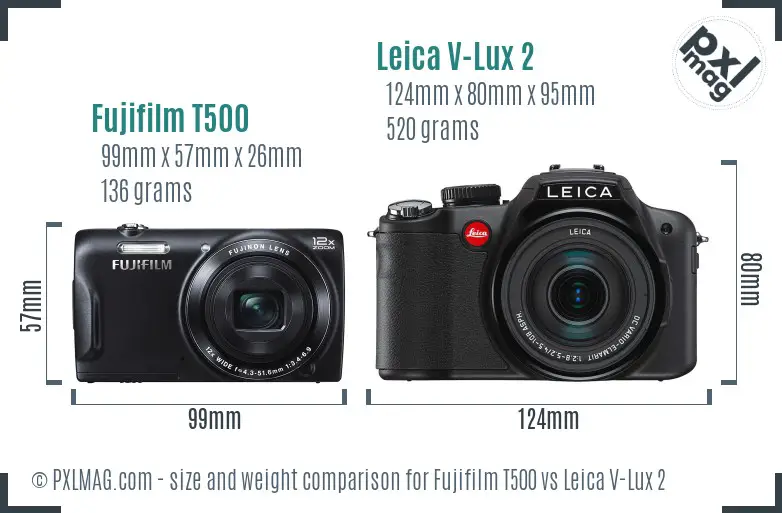 Fujifilm T500 vs Leica V-Lux 2 size comparison