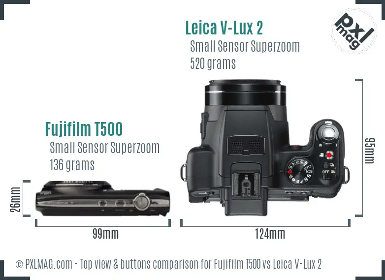 Fujifilm T500 vs Leica V-Lux 2 top view buttons comparison