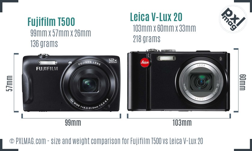 Fujifilm T500 vs Leica V-Lux 20 size comparison