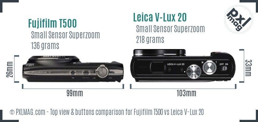 Fujifilm T500 vs Leica V-Lux 20 top view buttons comparison