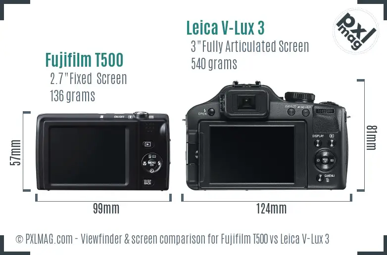 Fujifilm T500 vs Leica V-Lux 3 Screen and Viewfinder comparison