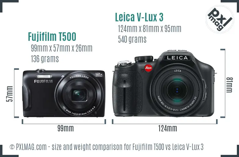 Fujifilm T500 vs Leica V-Lux 3 size comparison