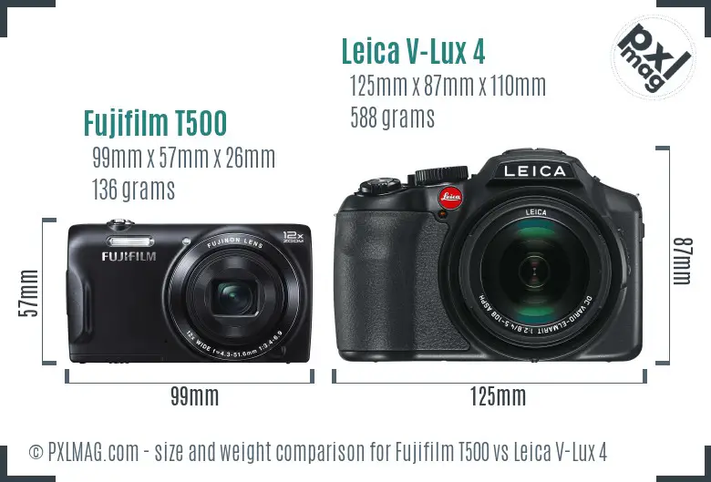 Fujifilm T500 vs Leica V-Lux 4 size comparison