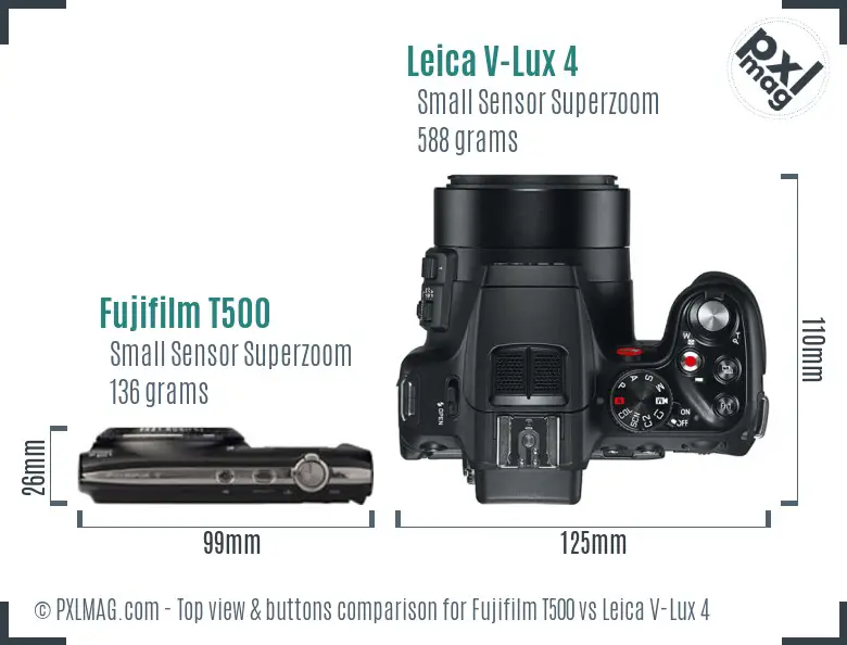 Fujifilm T500 vs Leica V-Lux 4 top view buttons comparison