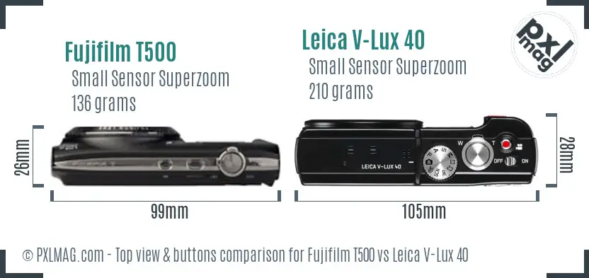 Fujifilm T500 vs Leica V-Lux 40 top view buttons comparison