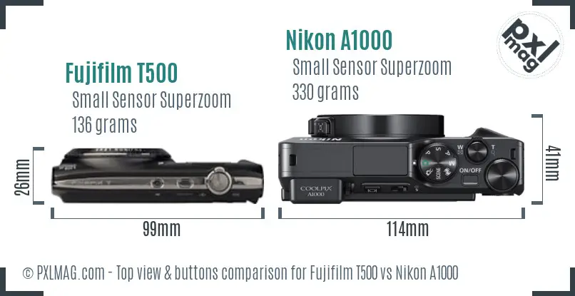 Fujifilm T500 vs Nikon A1000 top view buttons comparison