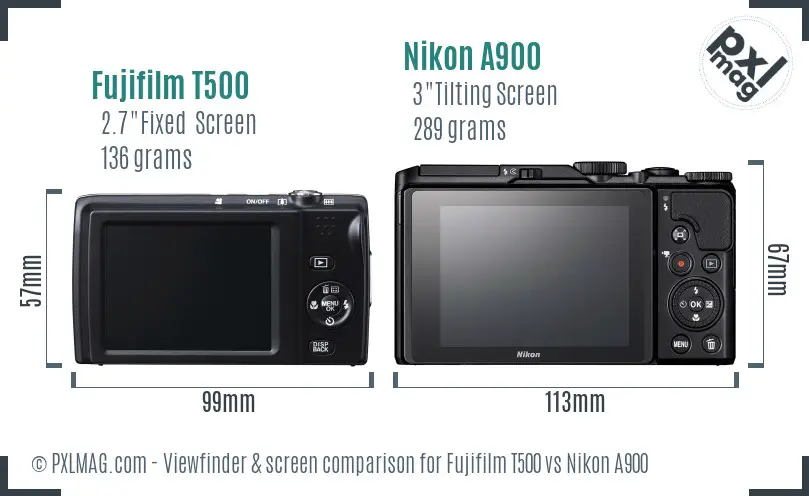 Fujifilm T500 vs Nikon A900 Screen and Viewfinder comparison