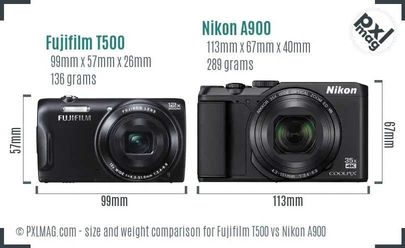 Fujifilm T500 vs Nikon A900 size comparison