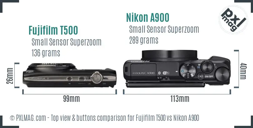 Fujifilm T500 vs Nikon A900 top view buttons comparison