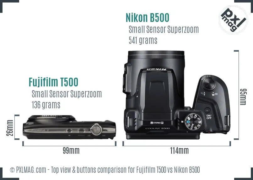 Fujifilm T500 vs Nikon B500 top view buttons comparison