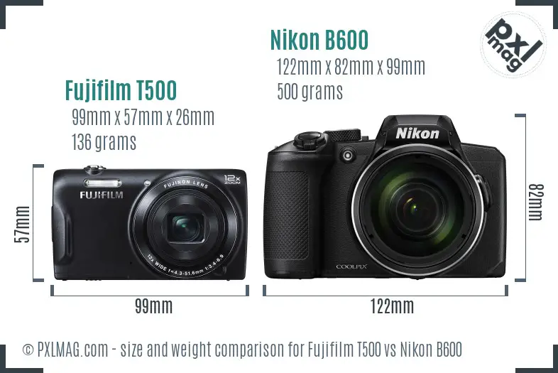 Fujifilm T500 vs Nikon B600 size comparison Fujifilm T500 vs Nikon B600 size comparison