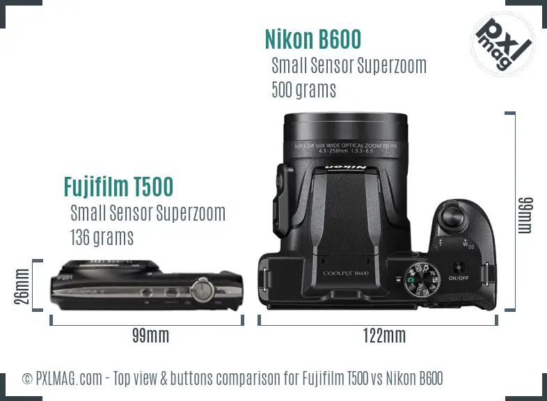 Fujifilm T500 vs Nikon B600 top view buttons comparison Fujifilm T500 vs Nikon B600 top view buttons comparison