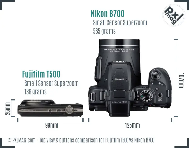 Fujifilm T500 vs Nikon B700 top view buttons comparison