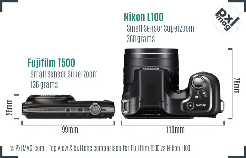 Fujifilm T500 vs Nikon L100 top view buttons comparison
