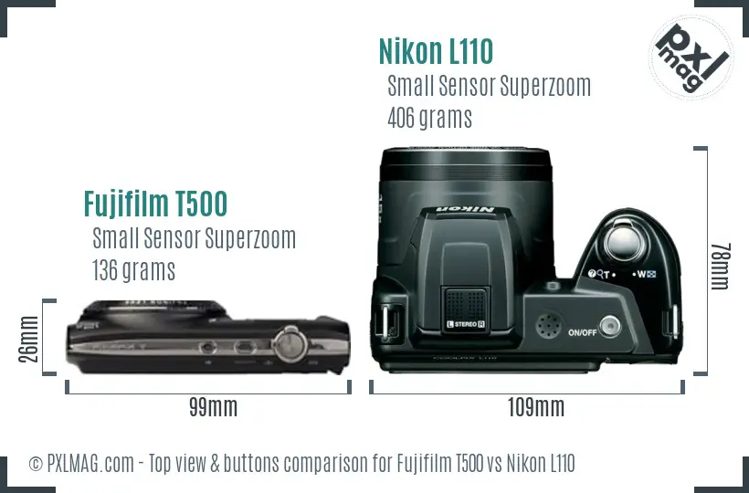 Fujifilm T500 vs Nikon L110 top view buttons comparison