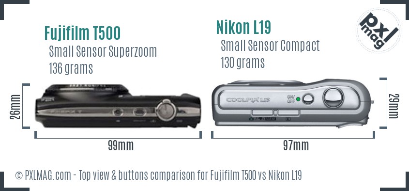 Fujifilm T500 vs Nikon L19 top view buttons comparison