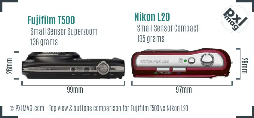 Fujifilm T500 vs Nikon L20 top view buttons comparison Fujifilm T500 vs Nikon L20 top view buttons comparison