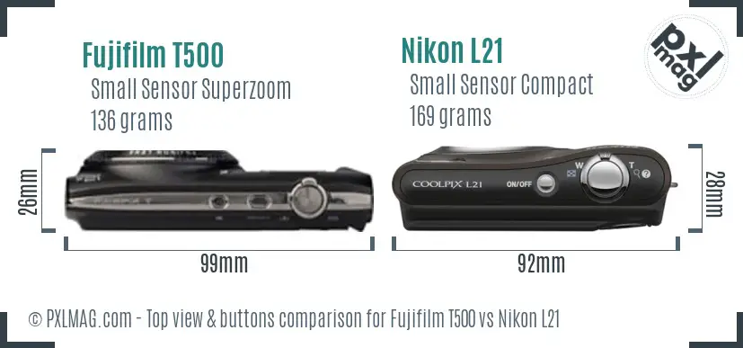 Fujifilm T500 vs Nikon L21 top view buttons comparison