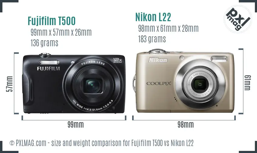 Fujifilm T500 vs Nikon L22 size comparison